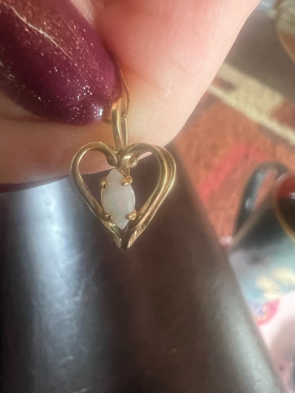 Gold Double Heart Pendant Necklace with Opal Center 14 K chain and pendant.